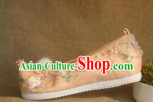 Chinese Champagne Satin Shoes Handmade Beads Tassel Shoes Traditional Embroidered Peony Shoes