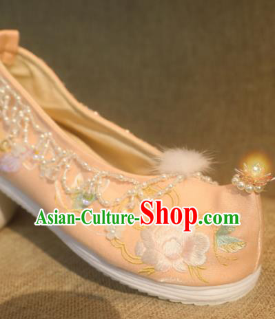 Chinese Champagne Satin Shoes Handmade Beads Tassel Shoes Traditional Embroidered Peony Shoes