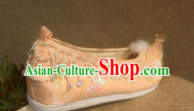 Chinese Champagne Satin Shoes Handmade Beads Tassel Shoes Traditional Embroidered Peony Shoes