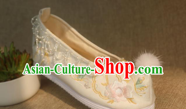 Chinese Beige Satin Shoes Traditional Embroidered Peony Shoes Handmade Beads Tassel Shoes