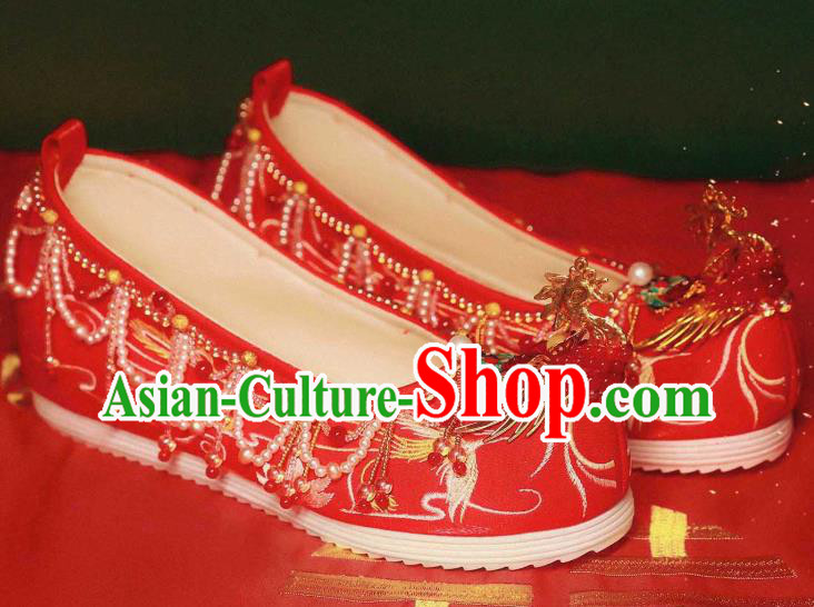 Handmade Chinese Ancient Princess Shoes Traditional Hanfu Red Satin Shoes Embroidered Phoenix Shoes