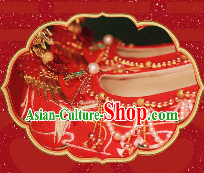 Handmade Chinese Ancient Princess Shoes Traditional Hanfu Red Satin Shoes Embroidered Phoenix Shoes
