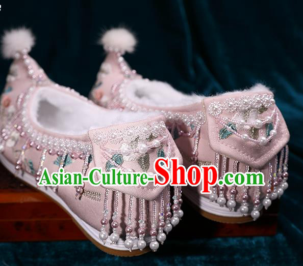 Chinese Handmade Pink Satin Shoes Hanfu Pearls Shoes Traditional Embroidered Plum Blossom Shoes