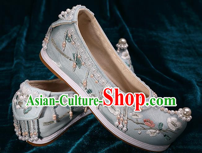 Chinese Traditional Embroidered Plum Blossom Shoes Handmade Light Blue Satin Shoes Hanfu Pearls Shoes