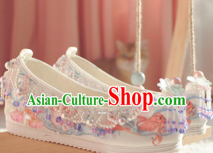 Handmade Chinese Traditional Hanfu White Shoes Embroidered Fish Shoes Ancient Princess Shoes