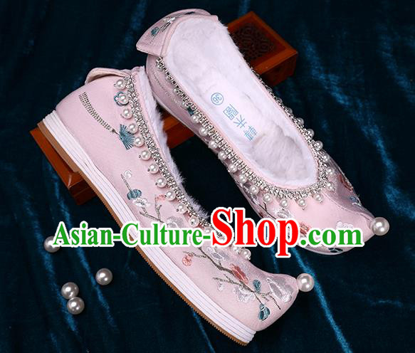Chinese Traditional Embroidered Plum Blossom Shoes Handmade Pearls Shoes Ancient Princess Pink Satin Shoes