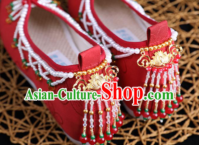 Chinese Handmade Red Cloth Shoes Ancient Princess Shoes Traditional Beads Tassel Shoes