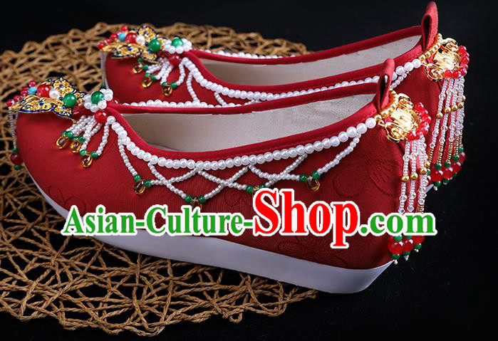 Chinese Handmade Red Cloth Shoes Ancient Princess Shoes Traditional Beads Tassel Shoes
