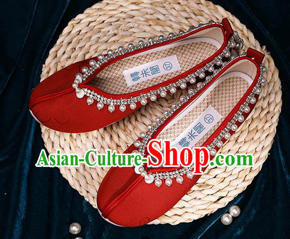 Chinese Handmade Wedding Red Cloth Shoes Ancient Princess Shoes Traditional Hanfu Pearls Shoes