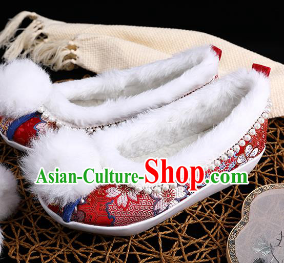 Chinese Ancient Princess Shoes Traditional Hanfu Embroidered Shoes Handmade Wedding Red Brocade Shoes