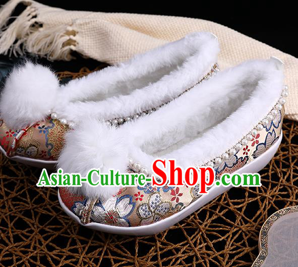 Chinese Traditional Hanfu Winter Shoes Ancient Princess Shoes Handmade Golden Brocade Shoes