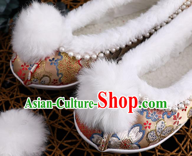 Chinese Traditional Hanfu Winter Shoes Ancient Princess Shoes Handmade Golden Brocade Shoes