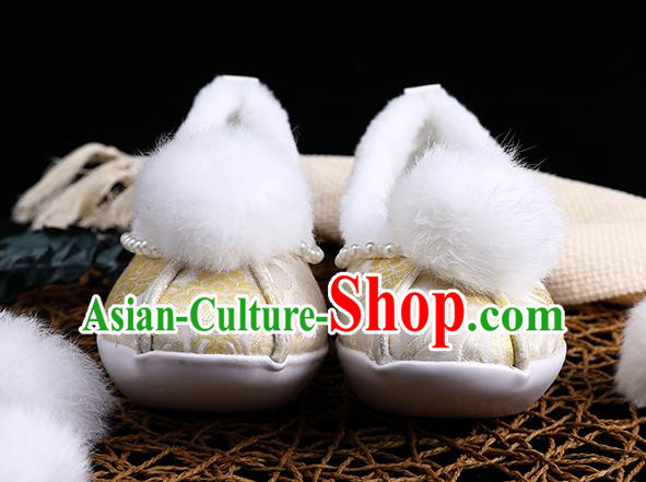 Chinese Ancient Princess Shoes Handmade Beige Brocade Shoes Traditional Hanfu Winter Shoes