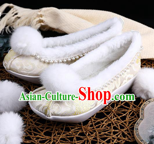Chinese Ancient Princess Shoes Handmade Beige Brocade Shoes Traditional Hanfu Winter Shoes