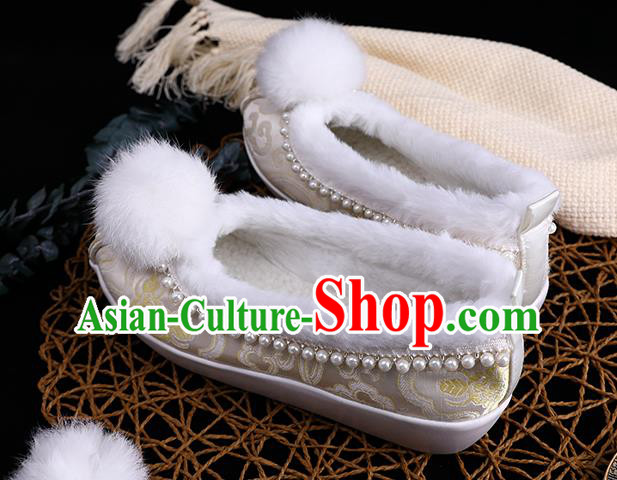 Chinese Ancient Princess Shoes Handmade Beige Brocade Shoes Traditional Hanfu Winter Shoes