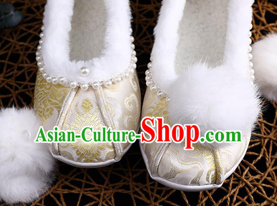 Chinese Ancient Princess Shoes Handmade Beige Brocade Shoes Traditional Hanfu Winter Shoes