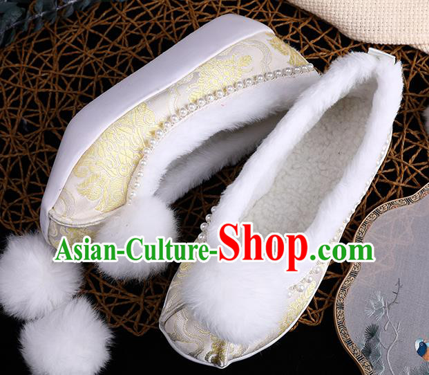 Chinese Ancient Princess Shoes Handmade Beige Brocade Shoes Traditional Hanfu Winter Shoes