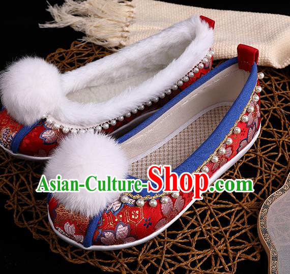 Chinese Ancient Tang Dynasty Palace Lady Shoes Traditional Hanfu Pearls Shoes Handmade Wedding Red Brocade Shoes