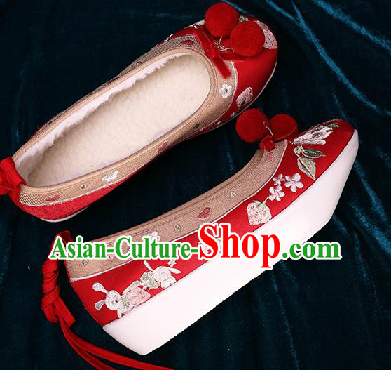 Chinese Traditional Hanfu Winter Shoes Handmade Embroidered Red Brocade Shoes Ancient Tang Dynasty Wedding Shoes