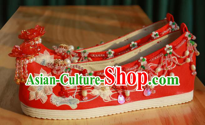 Handmade Chinese Traditional Wedding Shoes Embroidered Lotus Shoes Ancient Princess Shoes Hanfu Red Shoes