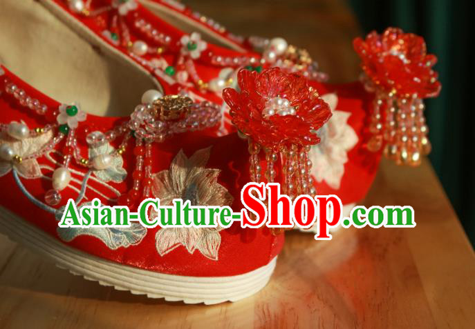 Handmade Chinese Traditional Wedding Shoes Embroidered Lotus Shoes Ancient Princess Shoes Hanfu Red Shoes