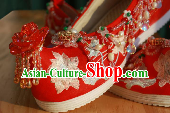 Handmade Chinese Traditional Wedding Shoes Embroidered Lotus Shoes Ancient Princess Shoes Hanfu Red Shoes