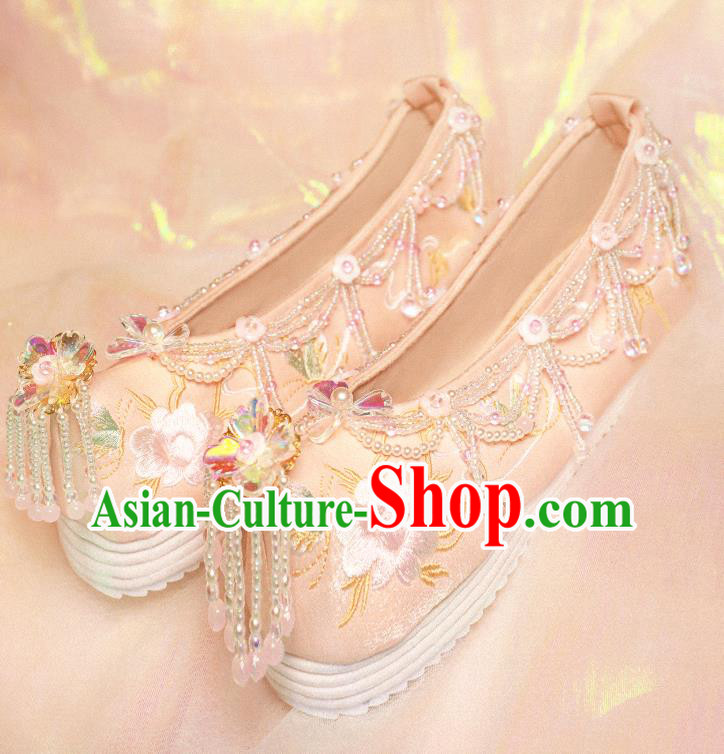 Handmade Chinese Embroidered Peony Shoes Traditional Shoes Ancient Princess Shoes Hanfu Beads Tassel Shoes
