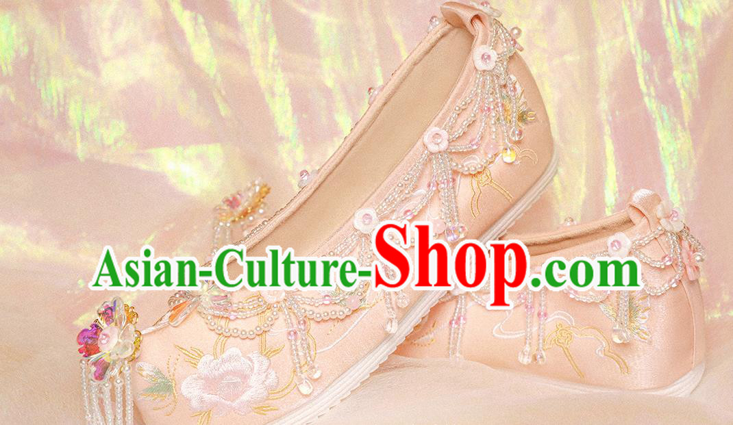 Handmade Chinese Embroidered Peony Shoes Traditional Shoes Ancient Princess Shoes Hanfu Beads Tassel Shoes