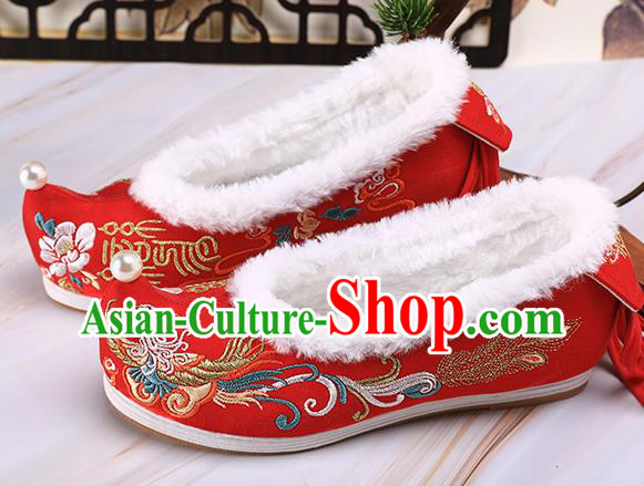 Chinese Traditional Hanfu Shoes Ancient Princess Shoes Handmade Embroidered Phoenix Red Shoes