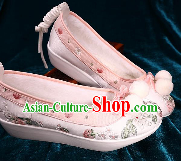 Chinese Handmade Embroidered Pink Brocade Shoes Ancient Tang Dynasty Shoes Traditional Hanfu Winter Shoes