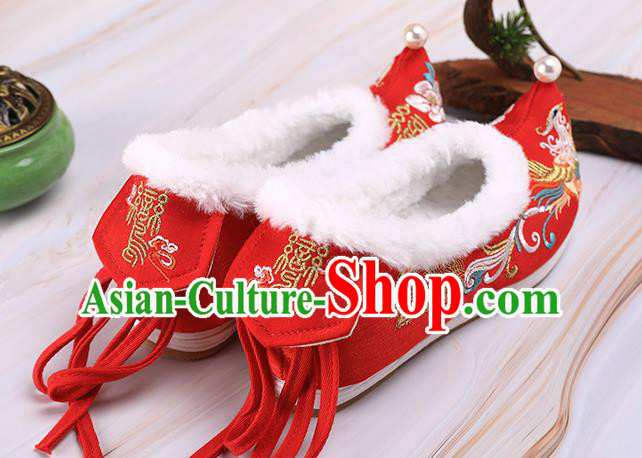 Chinese Traditional Hanfu Shoes Ancient Princess Shoes Handmade Embroidered Phoenix Red Shoes