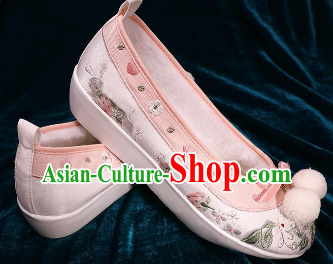Chinese Handmade Embroidered Pink Brocade Shoes Ancient Tang Dynasty Shoes Traditional Hanfu Winter Shoes