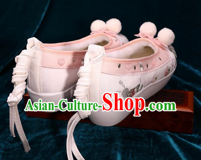 Chinese Handmade Embroidered Pink Brocade Shoes Ancient Tang Dynasty Shoes Traditional Hanfu Winter Shoes