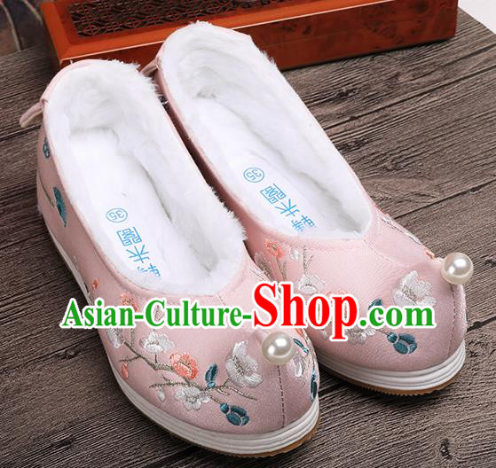 Chinese Traditional Hanfu Winter Shoes Ancient Princess Shoes Handmade Embroidered Plum Blossom Pink Shoes