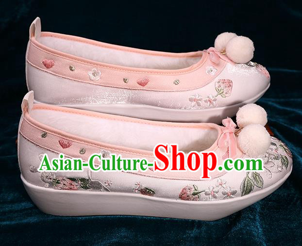Chinese Handmade Embroidered Pink Brocade Shoes Ancient Tang Dynasty Shoes Traditional Hanfu Winter Shoes