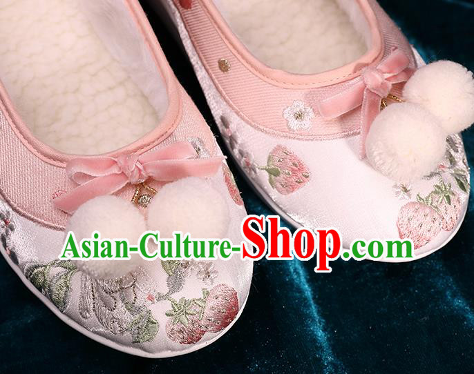 Chinese Handmade Embroidered Pink Brocade Shoes Ancient Tang Dynasty Shoes Traditional Hanfu Winter Shoes