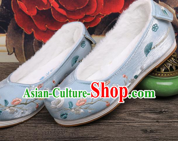 Chinese Ancient Princess Shoes Handmade Embroidered Plum Blossom Blue Shoes Traditional Hanfu Winter Shoes
