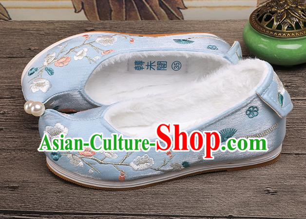 Chinese Ancient Princess Shoes Handmade Embroidered Plum Blossom Blue Shoes Traditional Hanfu Winter Shoes