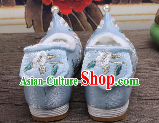 Chinese Ancient Princess Shoes Handmade Embroidered Plum Blossom Blue Shoes Traditional Hanfu Winter Shoes
