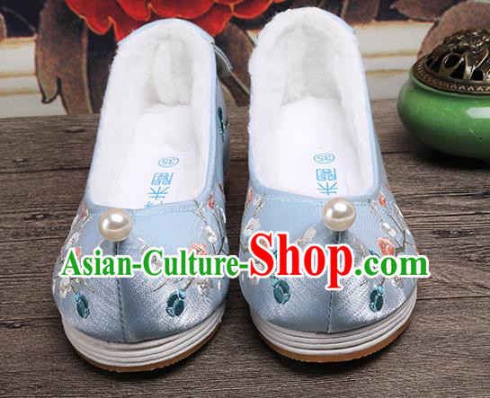 Chinese Ancient Princess Shoes Handmade Embroidered Plum Blossom Blue Shoes Traditional Hanfu Winter Shoes