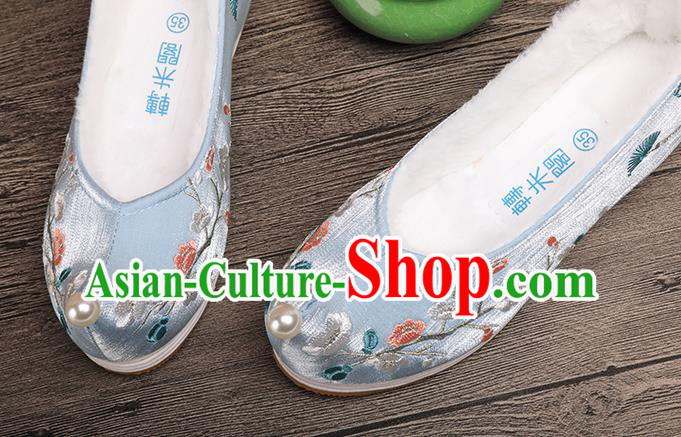 Chinese Ancient Princess Shoes Handmade Embroidered Plum Blossom Blue Shoes Traditional Hanfu Winter Shoes