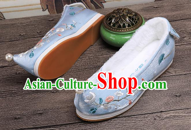 Chinese Ancient Princess Shoes Handmade Embroidered Plum Blossom Blue Shoes Traditional Hanfu Winter Shoes