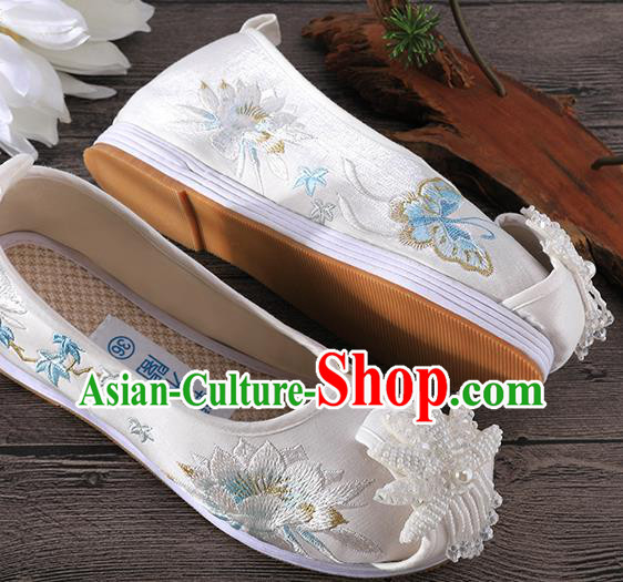 Chinese Embroidered Epiphyllum Shoes Traditional Hanfu White Cloth Shoes Ancient Princess Shoes