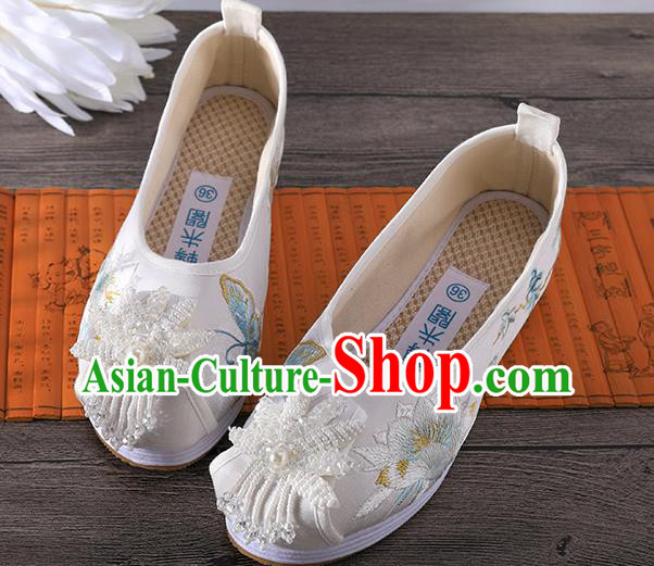 Chinese Embroidered Epiphyllum Shoes Traditional Hanfu White Cloth Shoes Ancient Princess Shoes