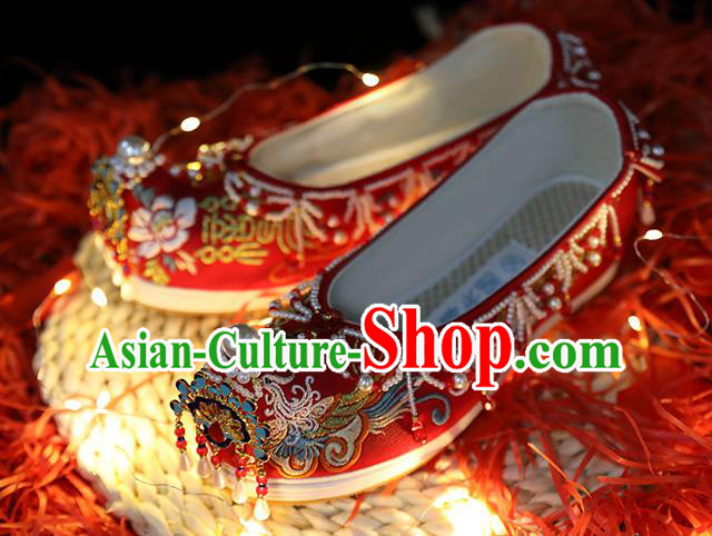 Chinese Traditional Hanfu Blueing Peacock Shoes Ancient Wedding Shoes Embroidered Red Shoes