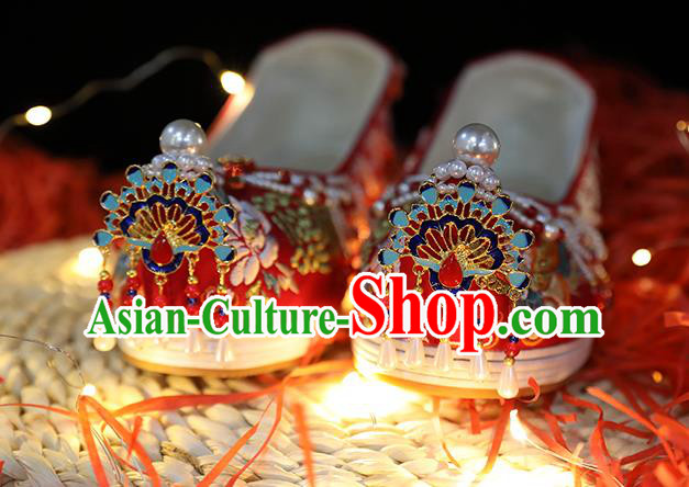 Chinese Traditional Hanfu Blueing Peacock Shoes Ancient Wedding Shoes Embroidered Red Shoes