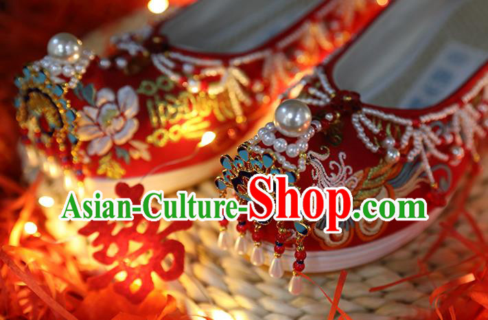 Chinese Traditional Hanfu Blueing Peacock Shoes Ancient Wedding Shoes Embroidered Red Shoes