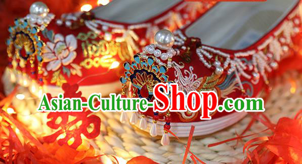 Chinese Traditional Hanfu Blueing Peacock Shoes Ancient Wedding Shoes Embroidered Red Shoes