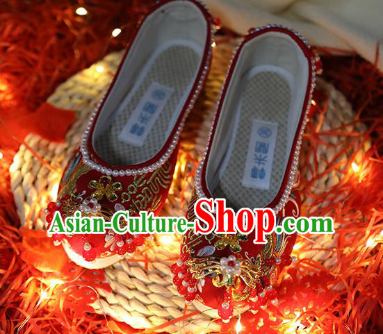 Chinese Embroidered Red Shoes Traditional Hanfu Pearls Shoes Ancient Bride Wedding Shoes