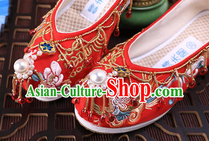 Chinese Embroidered Phoenix Shoes Traditional Hanfu Red Shoes Ancient Bride Wedding Tassel Shoes
